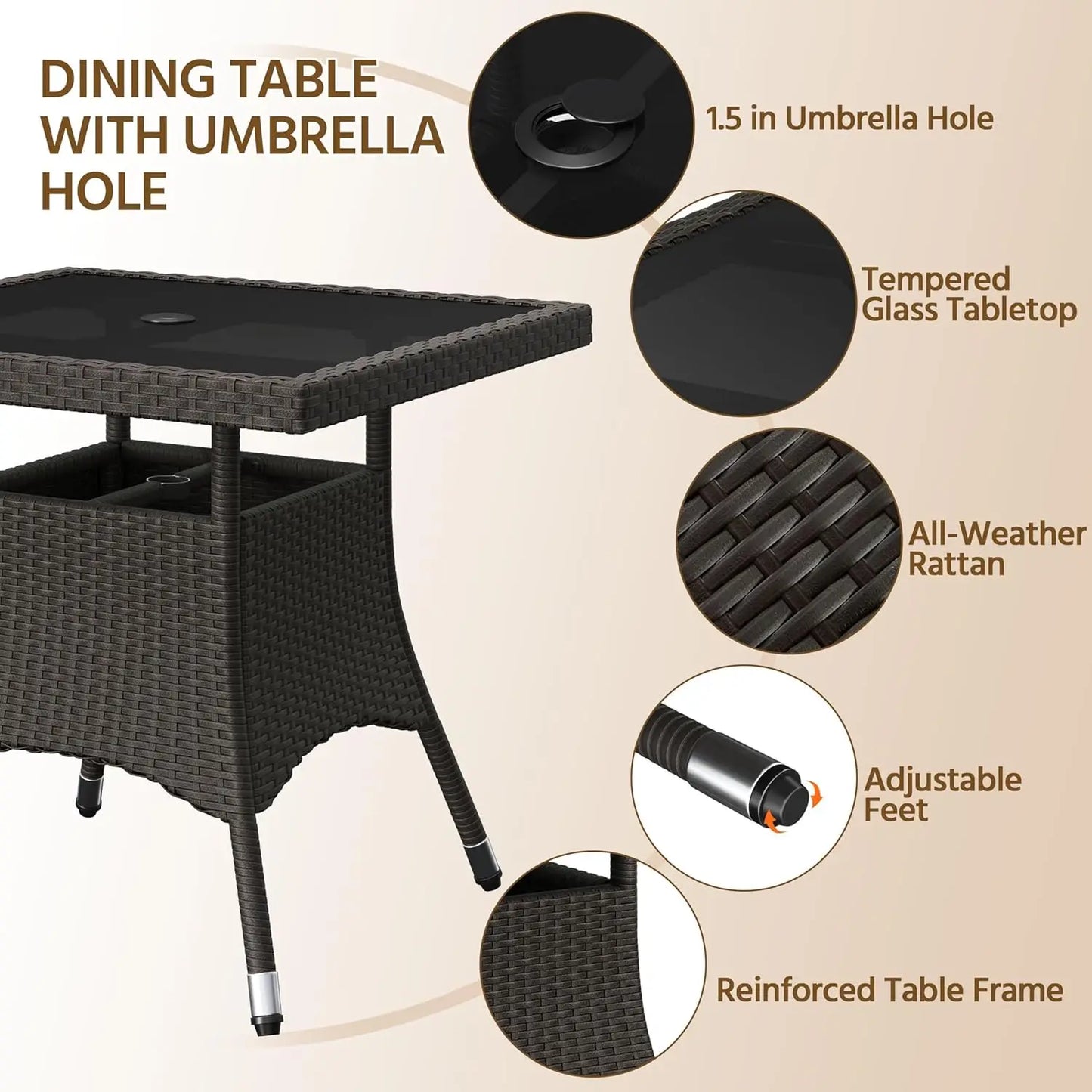 5 Piece Patio Rattan 4 Dining Chairs Tempered Glass Table