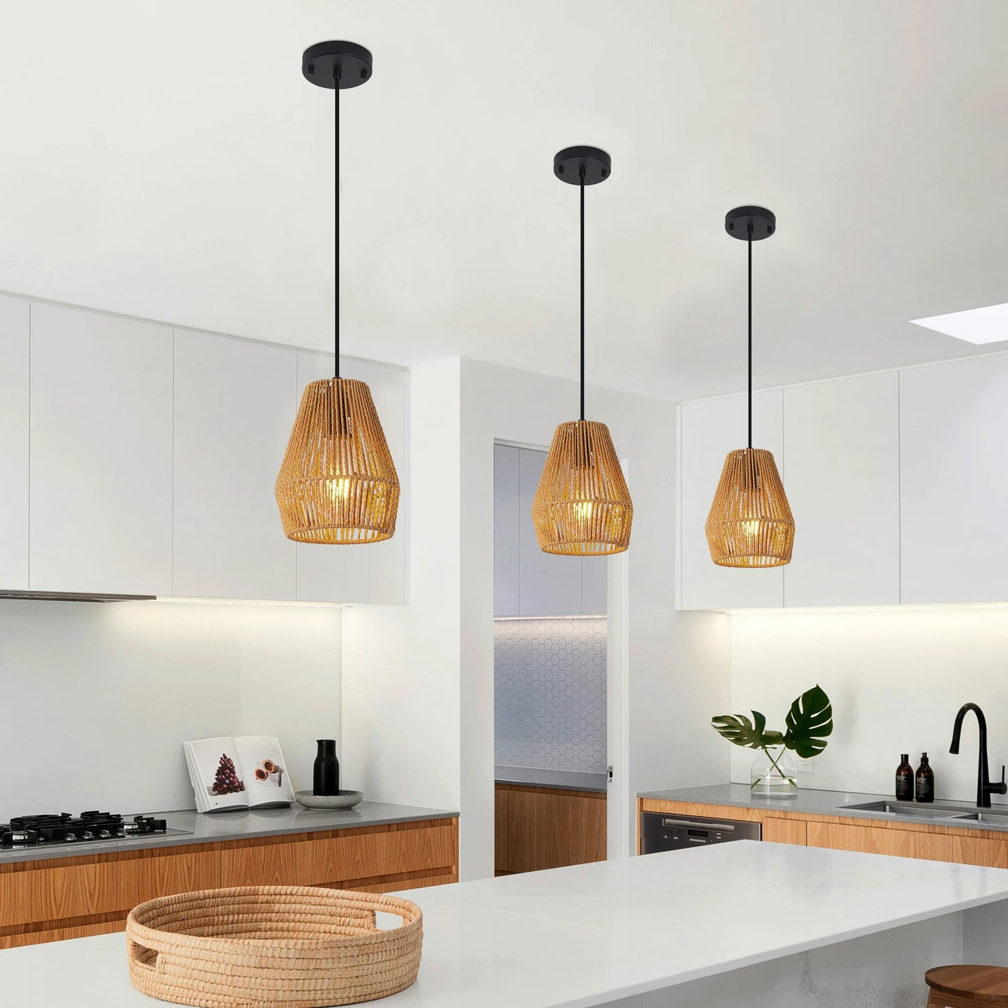 Set Of 3 Rustic Hemp Rope Pendant Lights Farmhouse Lighting