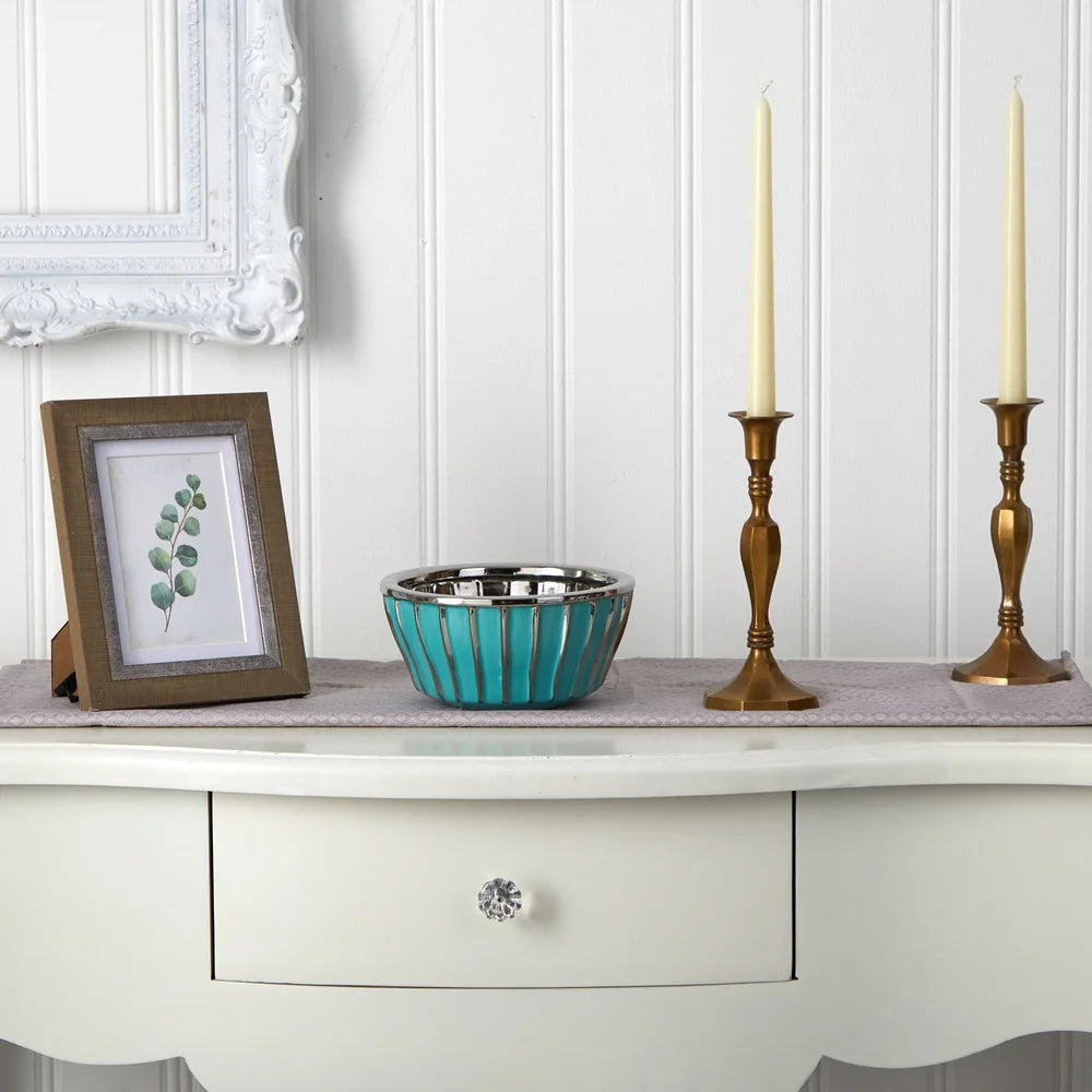 Teal Ceramic Vase With Silver Burnishing Modern Centerpiece