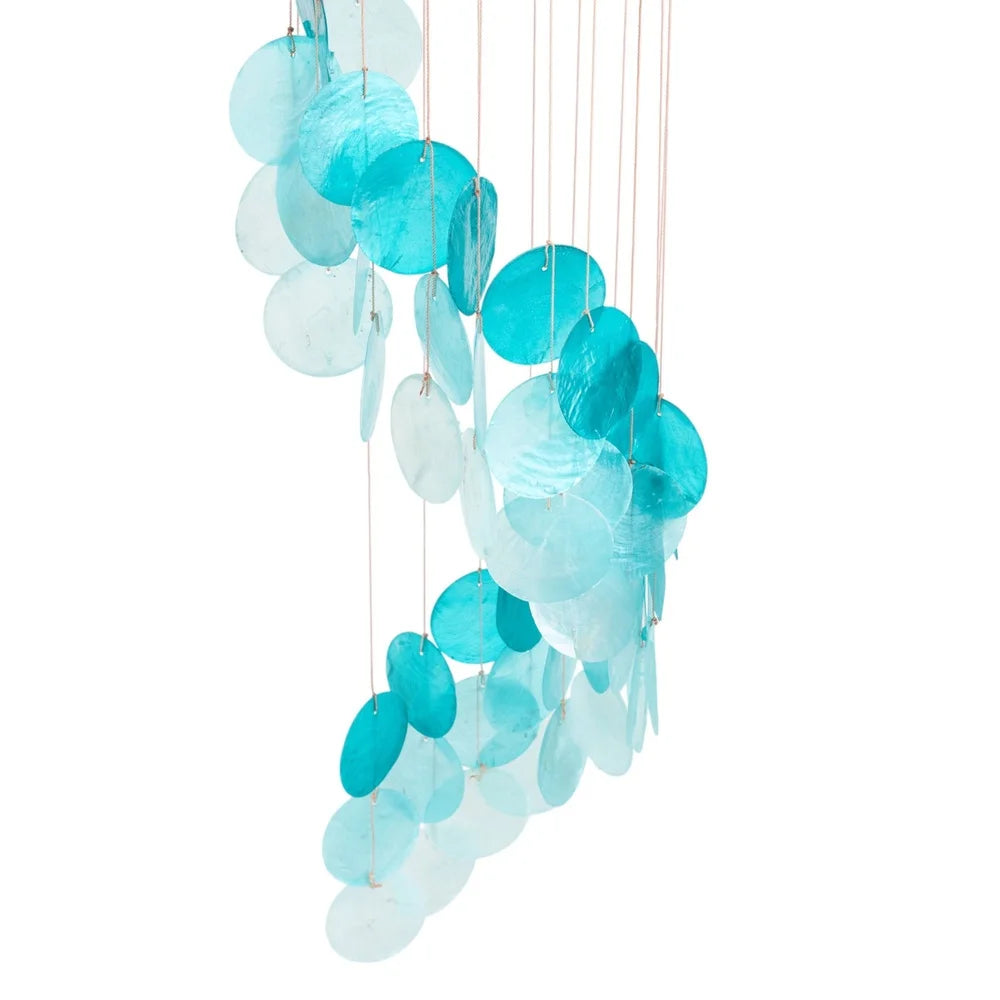 Teal Capiz Shell Waterfall Wind Chime for Indoor and Outdoor Use Coastal Decor Elegant Home Garden Hanging Windchime