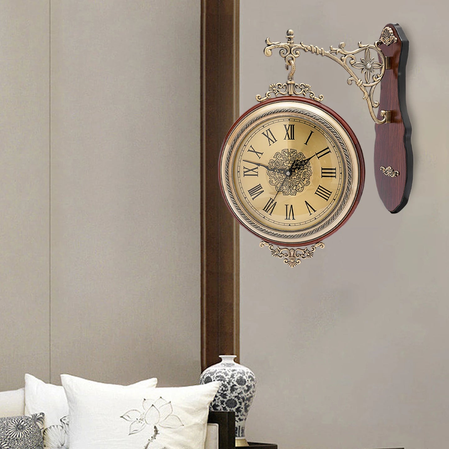 European Art Double Sided Wall Clock Silent Retro Large Metal Wood Living Room Home Decor
