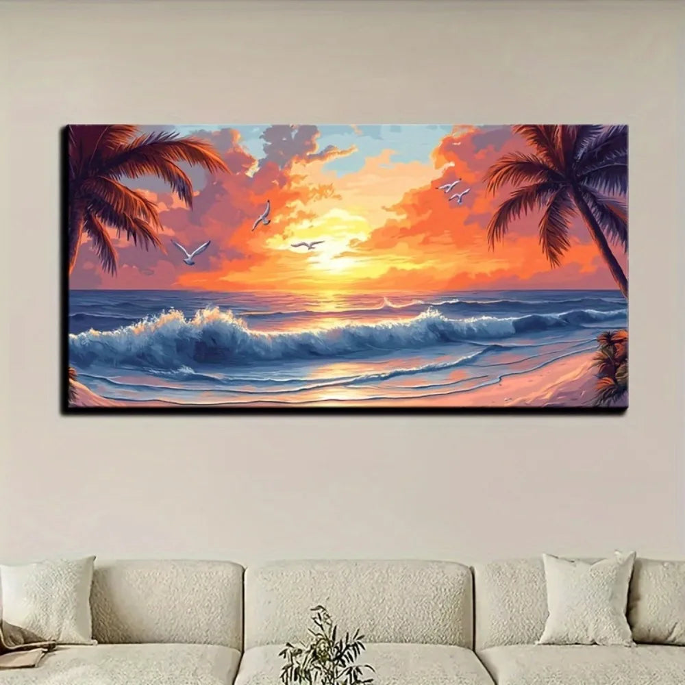 Ocean Sunset Beach Oil Painting With Pine Wood Frame