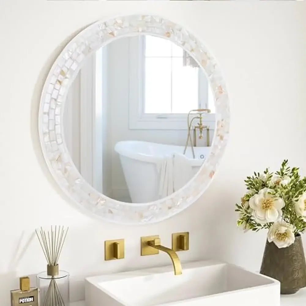Coastal Mother Of Pearl 24 Inch Round Shell Mirror Wood