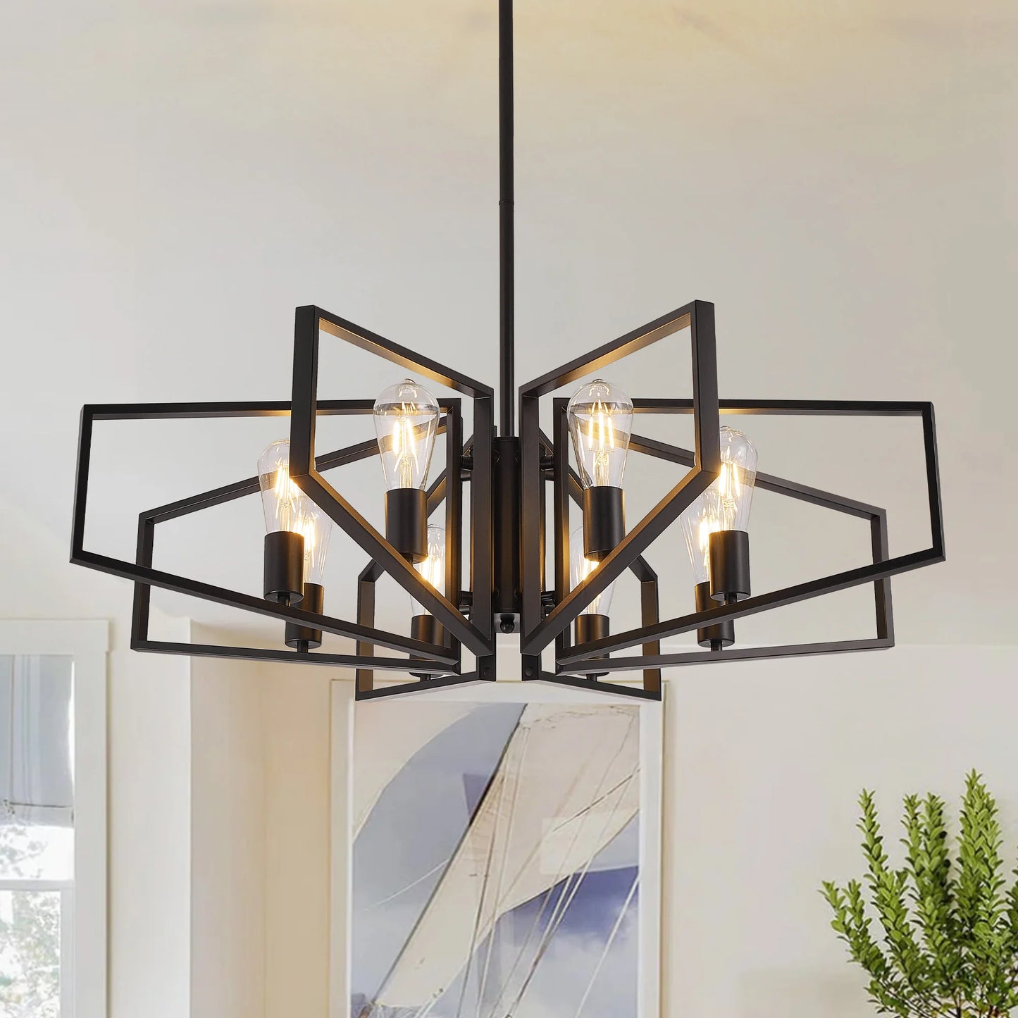 Geometric 8 Light Chandelier Adjustable Height Metal Pendant Light Black Frame