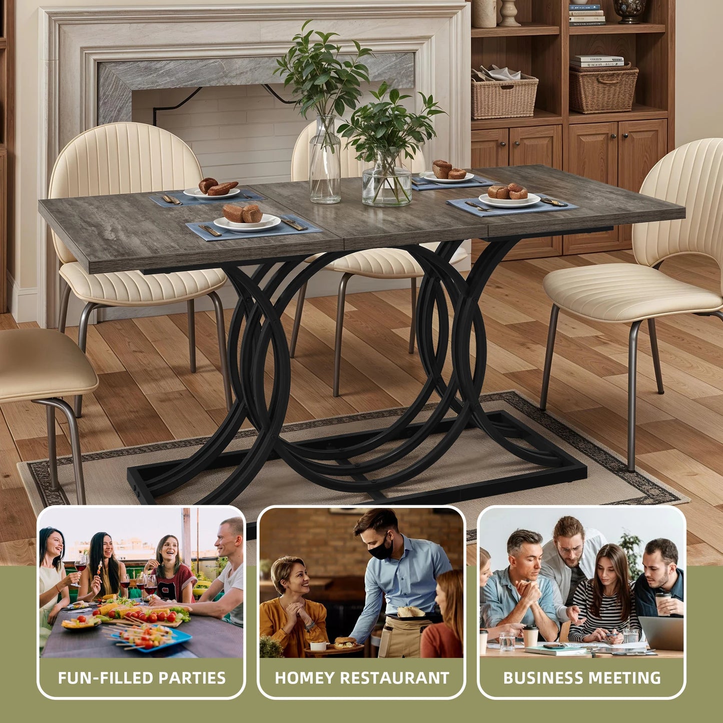 63 Inch Faux Marble Gray Dining Table For 6 With Metal Legs