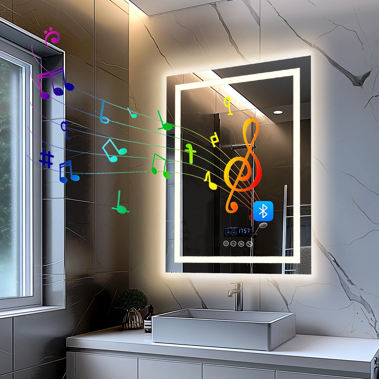 LED Lighted Bathroom Mirror With Bluetooth Speaker RGB Lighting Wall Mount