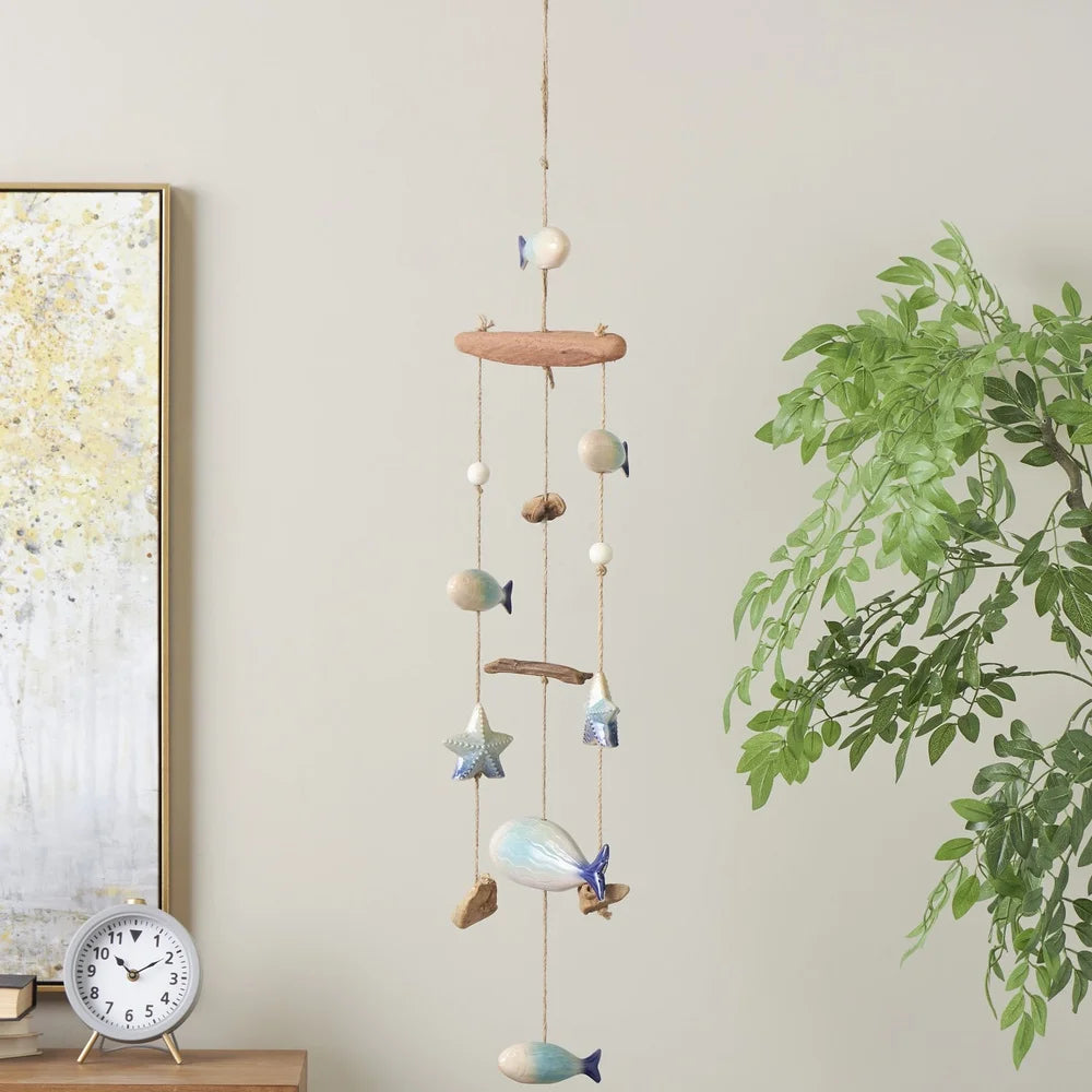40 Inch Brown Ceramic Fish Wind Chime with Driftwood and Wooden Beads Indoor Outdoor Decor Coastal Home Accent