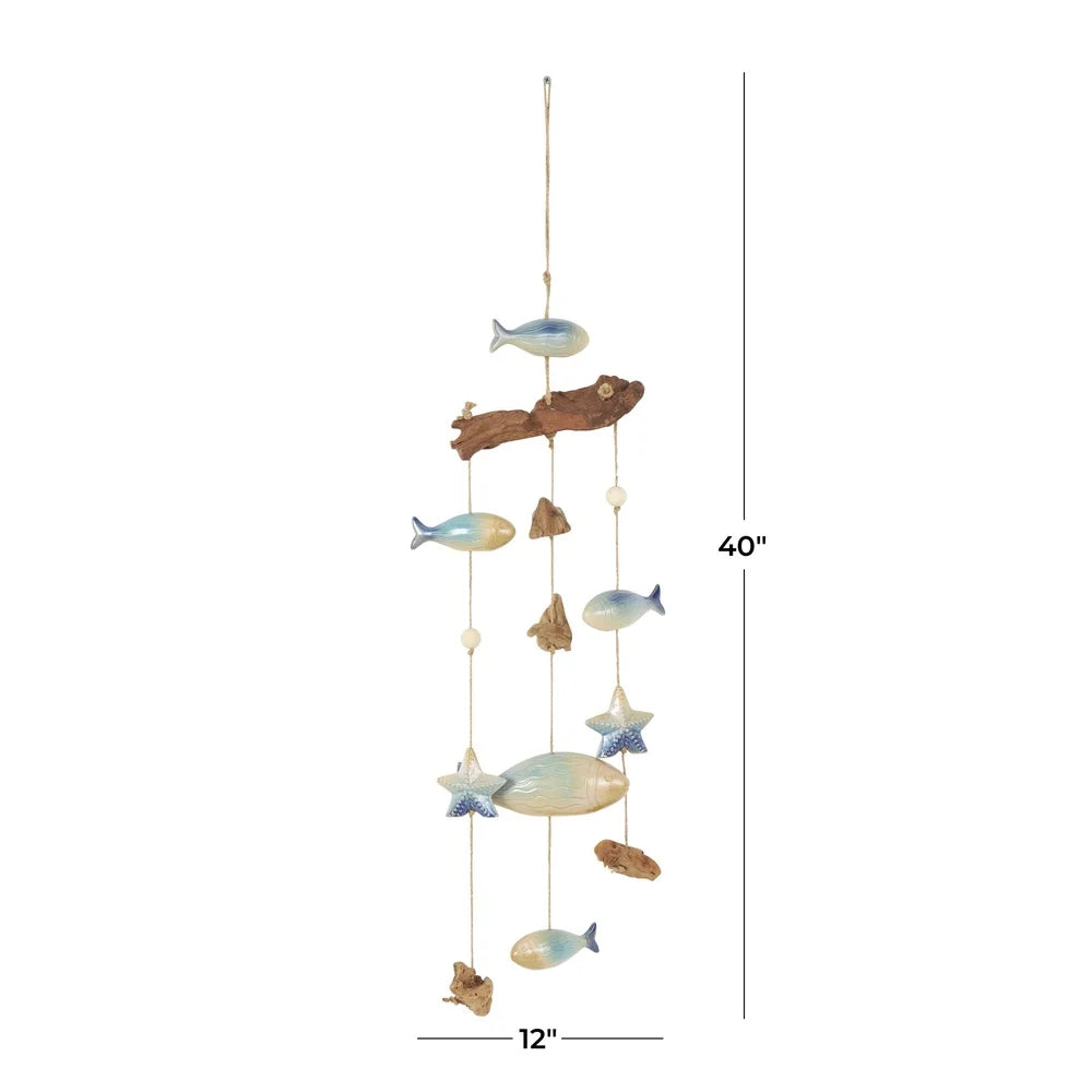 40 Inch Brown Ceramic Fish Wind Chime with Driftwood and Wooden Beads Indoor Outdoor Decor Coastal Home Accent