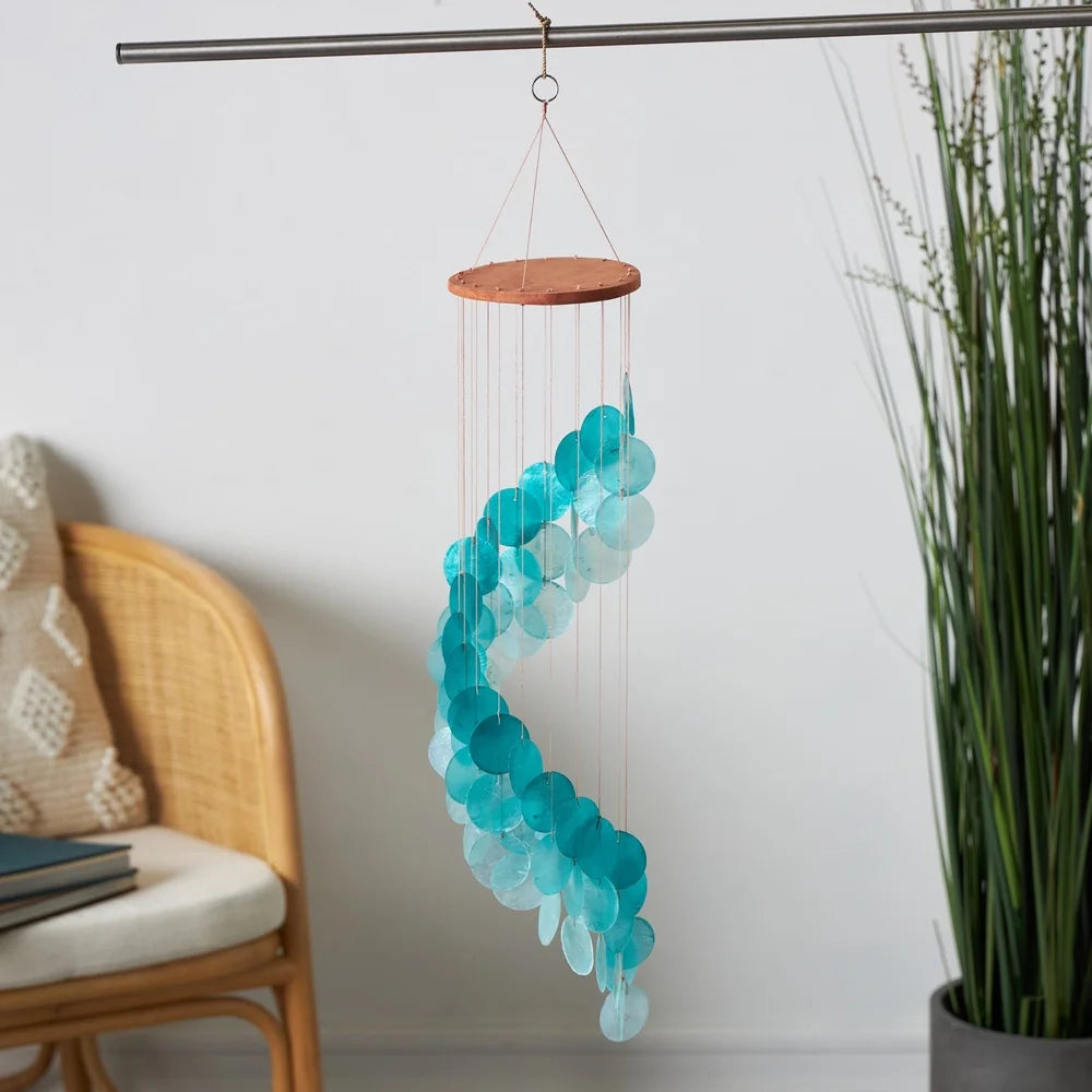 Teal Capiz Shell Waterfall Wind Chime for Indoor and Outdoor Use Coastal Decor Elegant Home Garden Hanging Windchime