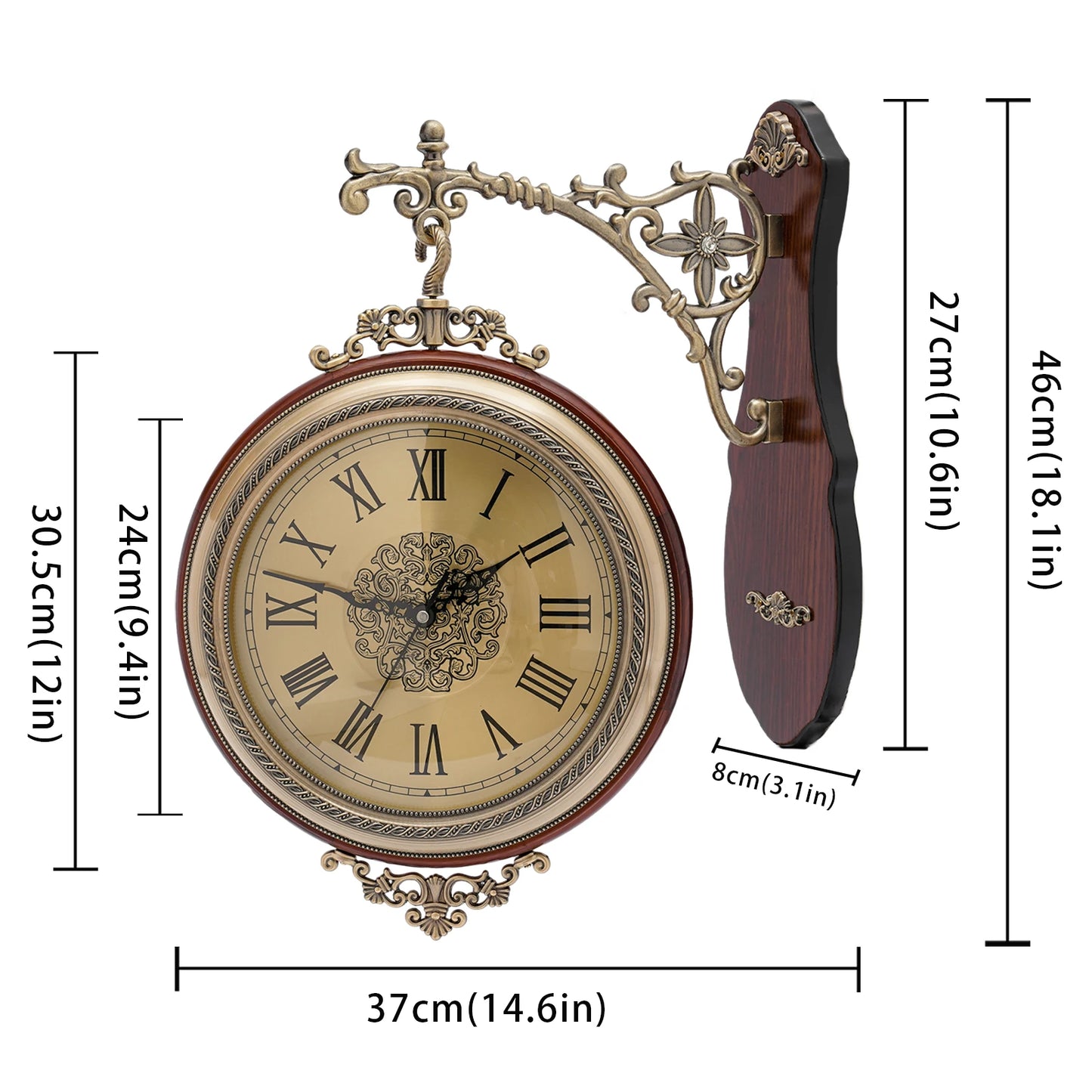 European Art Double Sided Wall Clock Silent Retro Large Metal Wood Living Room Home Decor