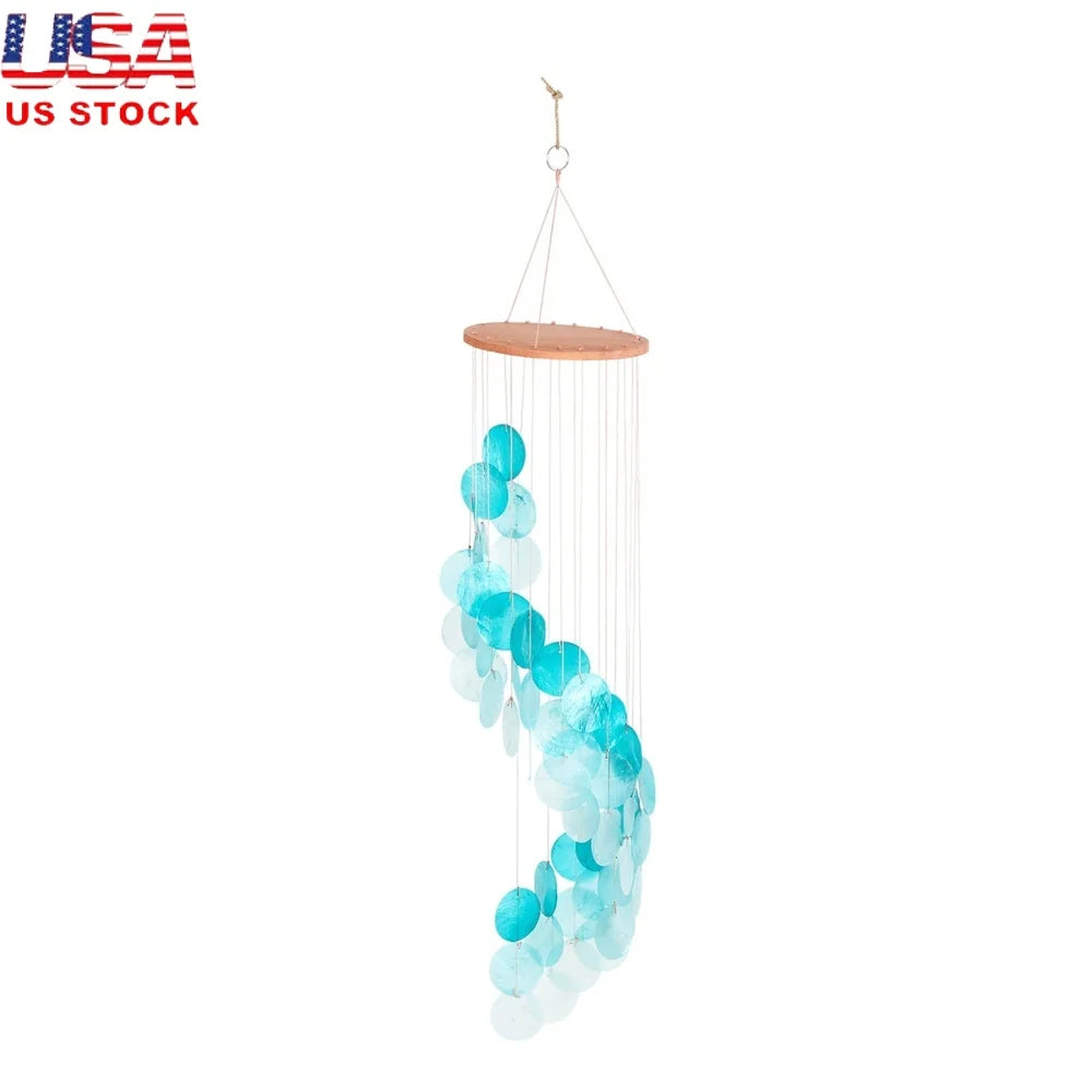Teal Capiz Shell Waterfall Wind Chime for Indoor and Outdoor Use Coastal Decor Elegant Home Garden Hanging Windchime