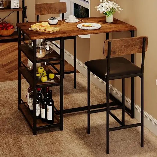 3 Piece Bar Table Set With 2 Upholstered Stools And 3 Tier Storage Shelves Steel