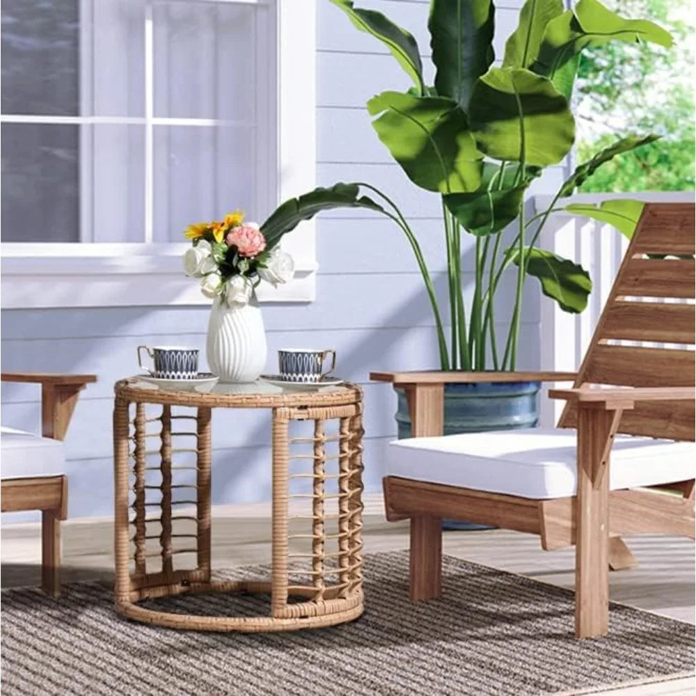 All Weather Round Wicker End Table With Glass Top For Outdoor Patio And Backyard
