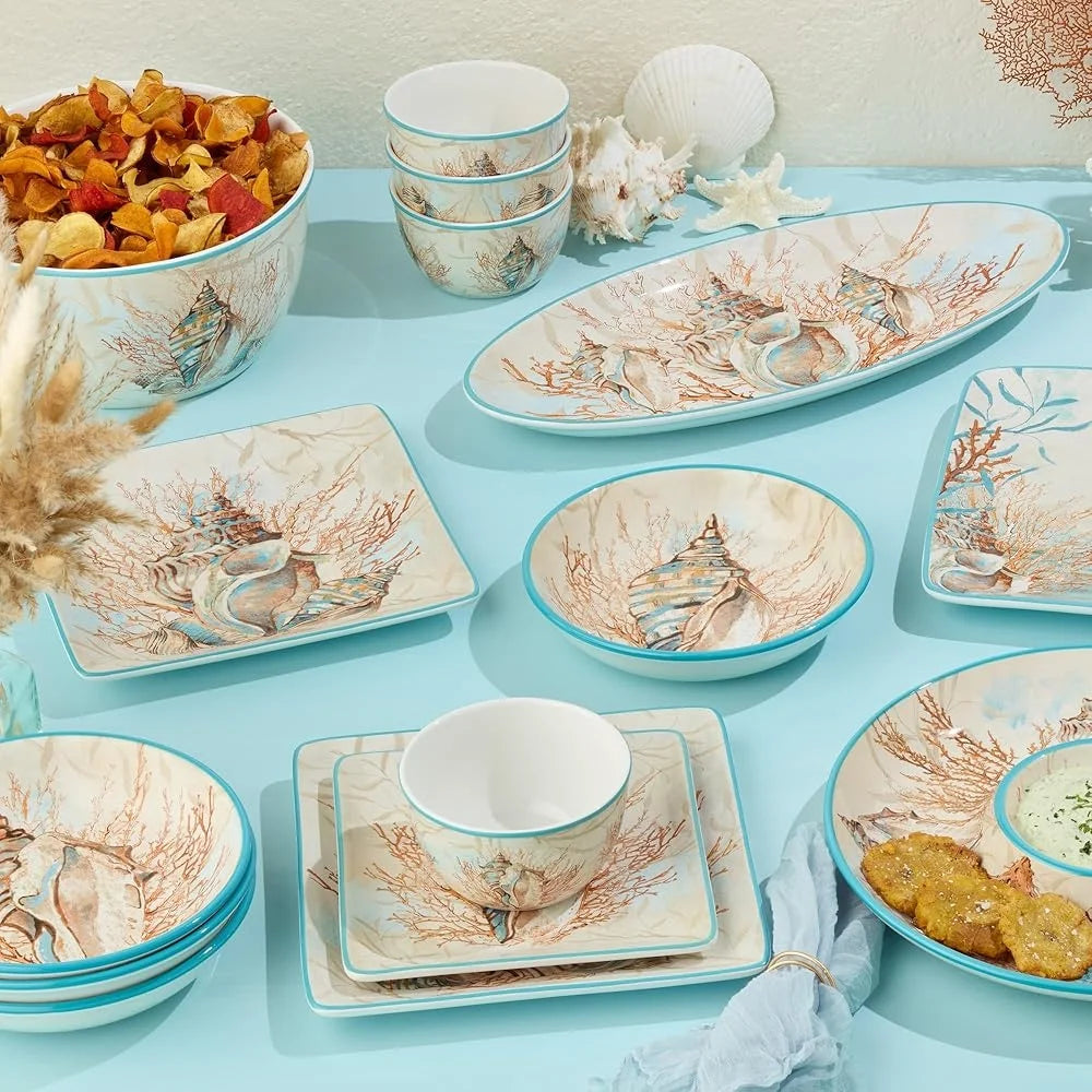 Coastal Seashell Coral Chip Dip Set 13.75 Inch Durable Ceramic Dishwasher Safe Ideal for Entertaining Parties