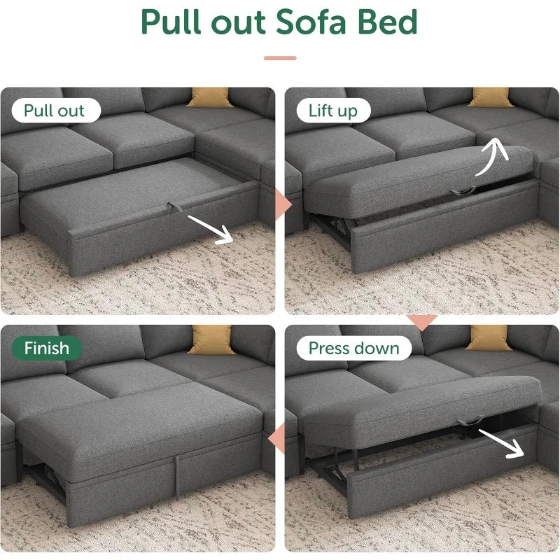 Sectional Sleeper Sofa U Shaped Couch With Storage Grey