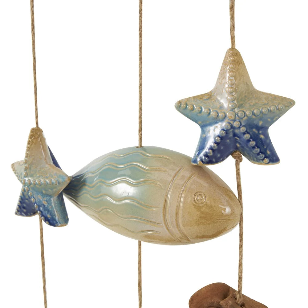 40 Inch Brown Ceramic Fish Wind Chime with Driftwood and Wooden Beads Indoor Outdoor Decor Coastal Home Accent