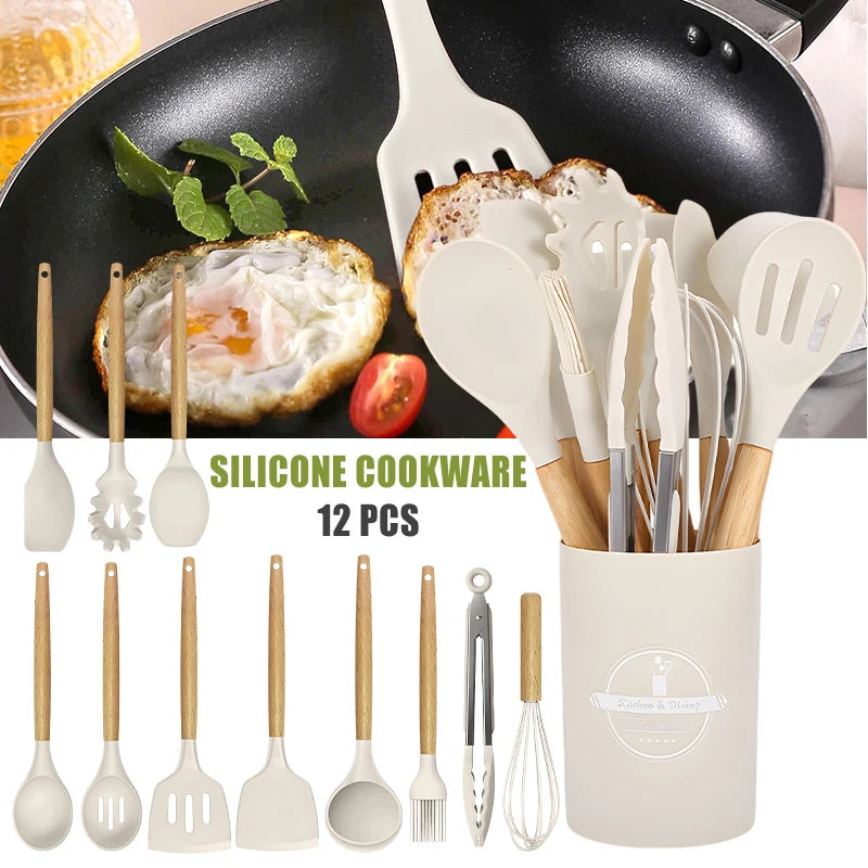 12 Piece Silicone Kitchen Utensils Set Nonstick Spatula Shovel Egg Beaters Baking Tools With Storage Bucket