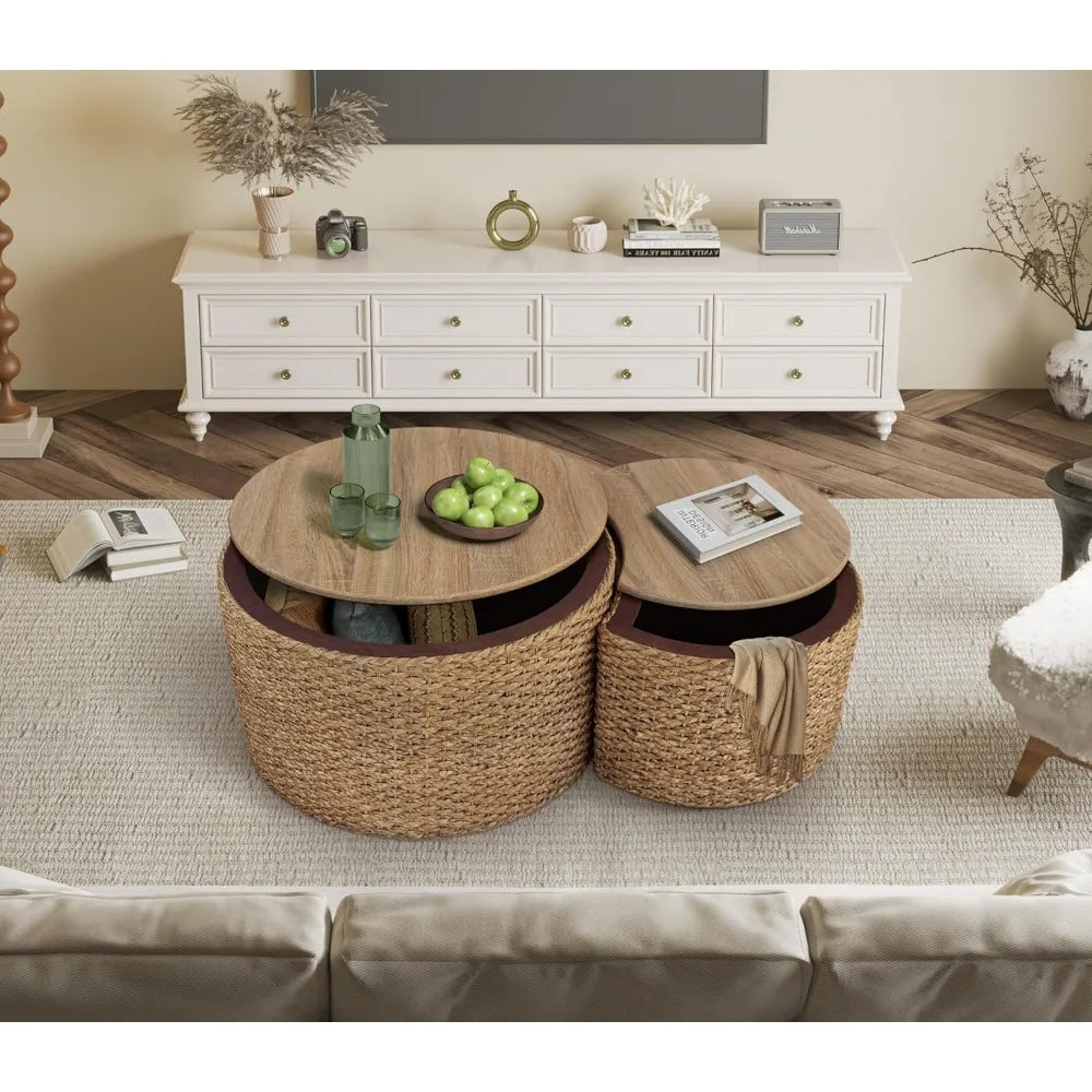 Nesting Coffee Table Set of 2 Coastal Woven Coffee Table with Storage Solid Wood Cover