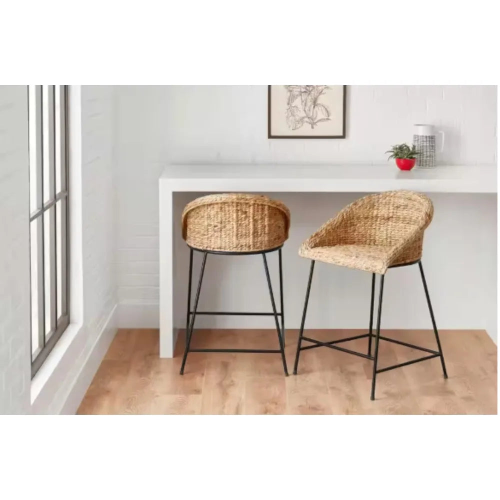 Natural Woven Hyacinth Counter Stool With Low Back