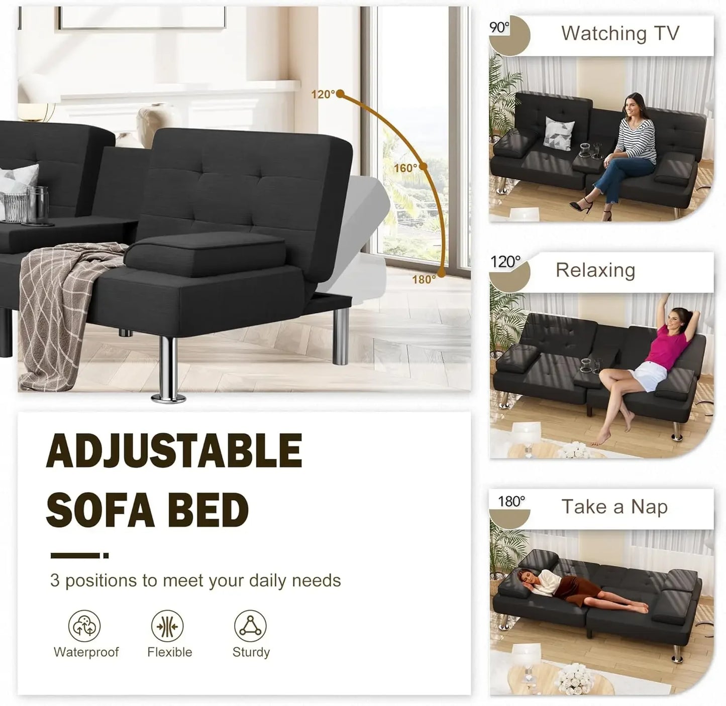 Modern Linen Upholstered Convertible Folding Futon Sofa Bed with Removable Armrests and Metal Legs for Living Room