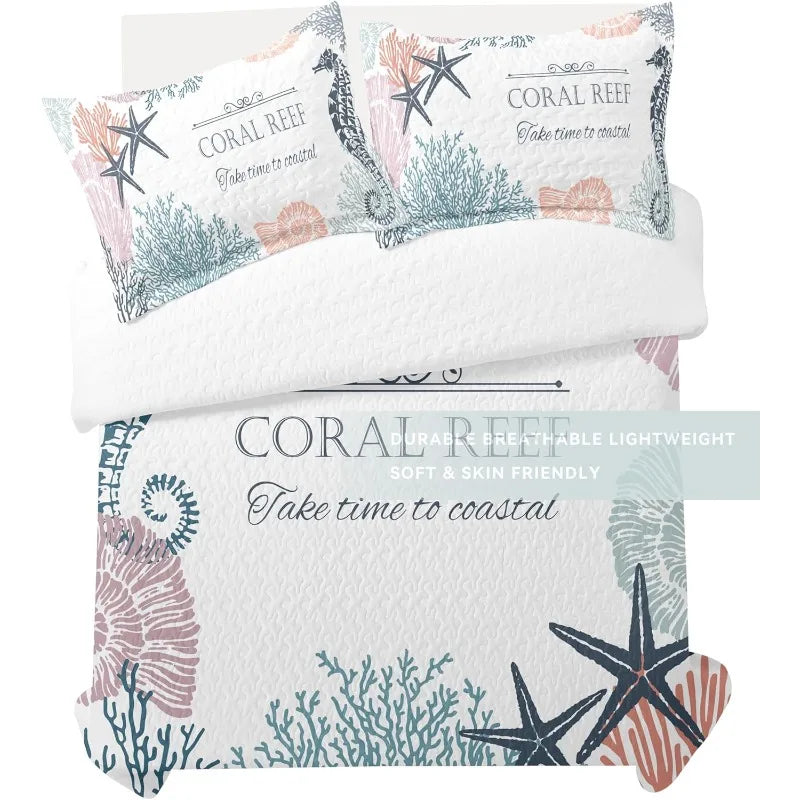 Queen Size Nautical Beach Comforter Set with 2 Shams Coastal Coverlet Ocean Bedspread Summer Bedding 90 by 96 Inches