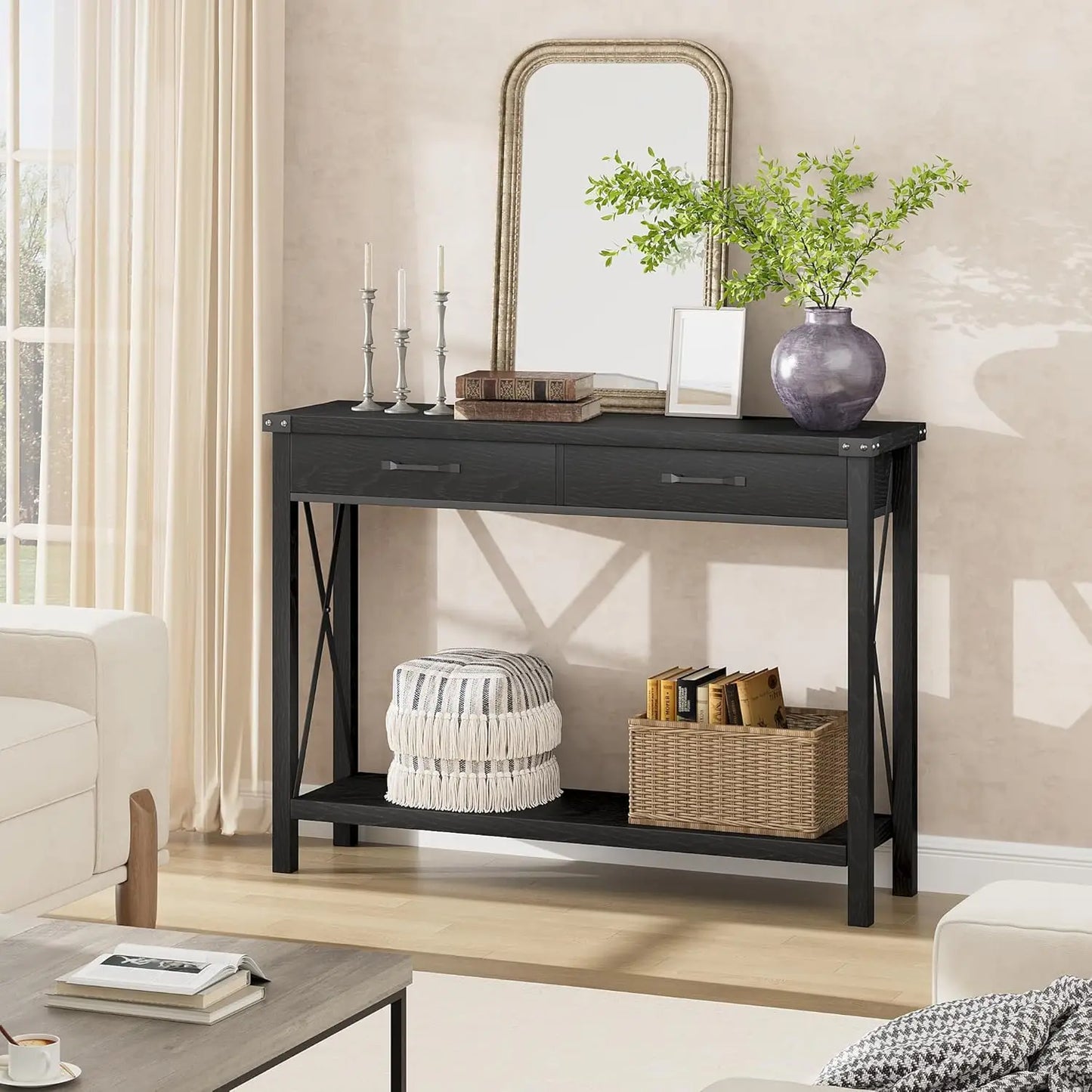 Farmhouse Console Table With 2 Drawers And Storage Shelf Accent Wood Sofa Table For Living Room 43 Inch Deep