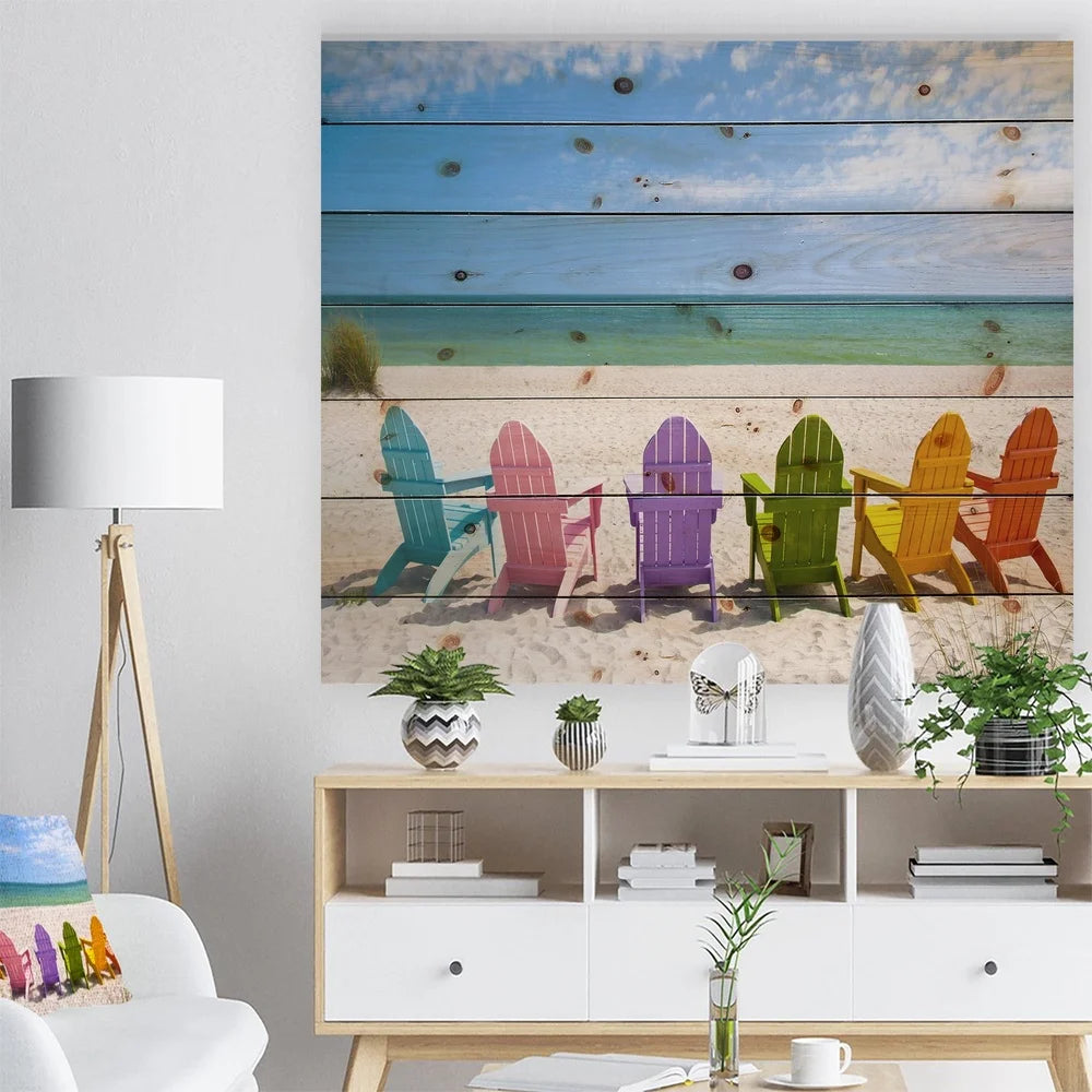 Coastal Nautical Beach Chairs Wood Wall Art Pine Print