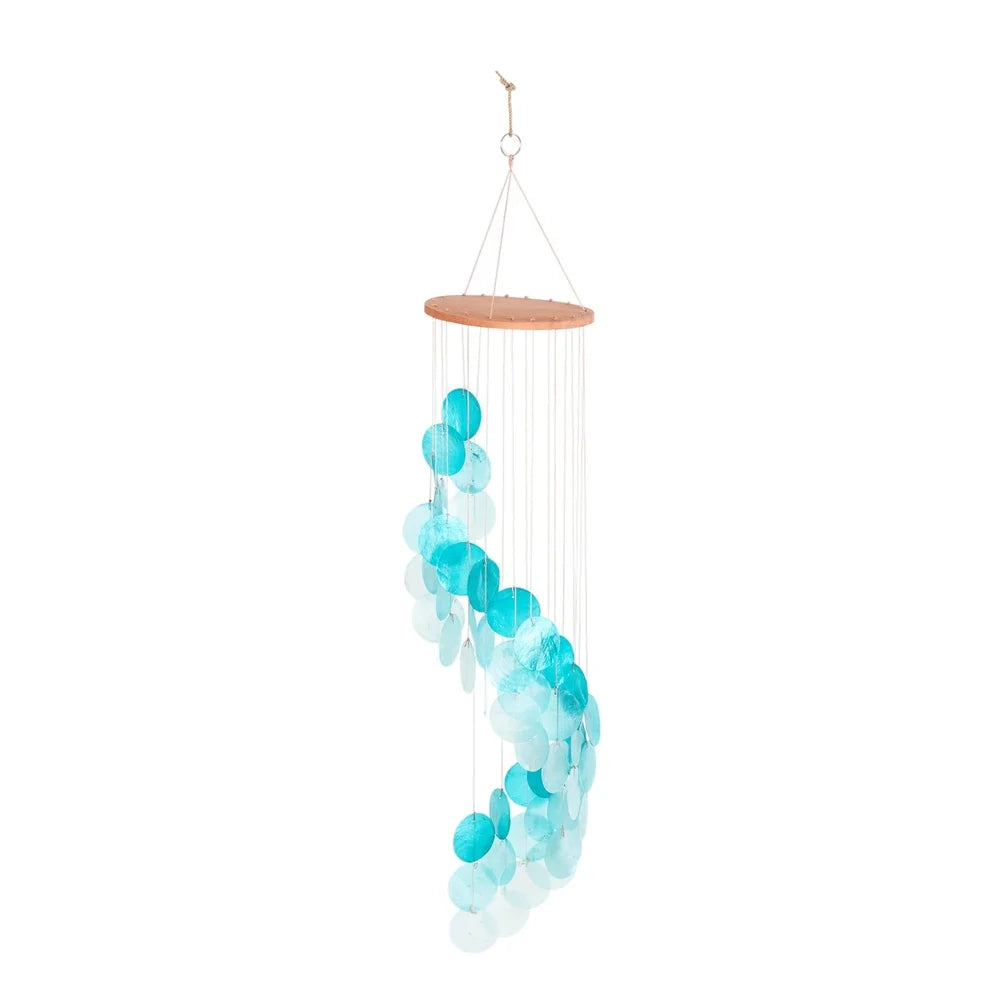 Teal Capiz Shell Waterfall Wind Chime for Indoor and Outdoor Use Coastal Decor Elegant Home Garden Hanging Windchime