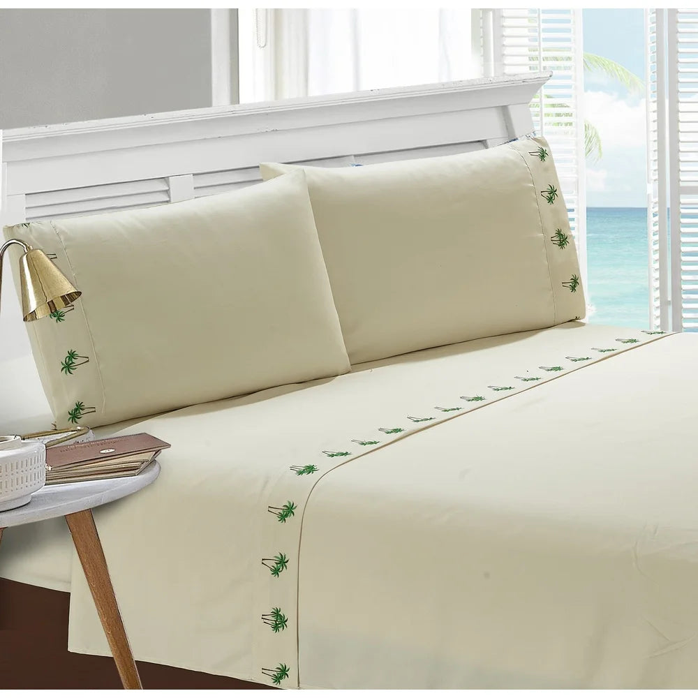 Embroidered Palm Tree Grove King Sheet Set Hypoallergenic Lightweight 4 Piece Polyester Bedding Fitted Flat Pillowcase