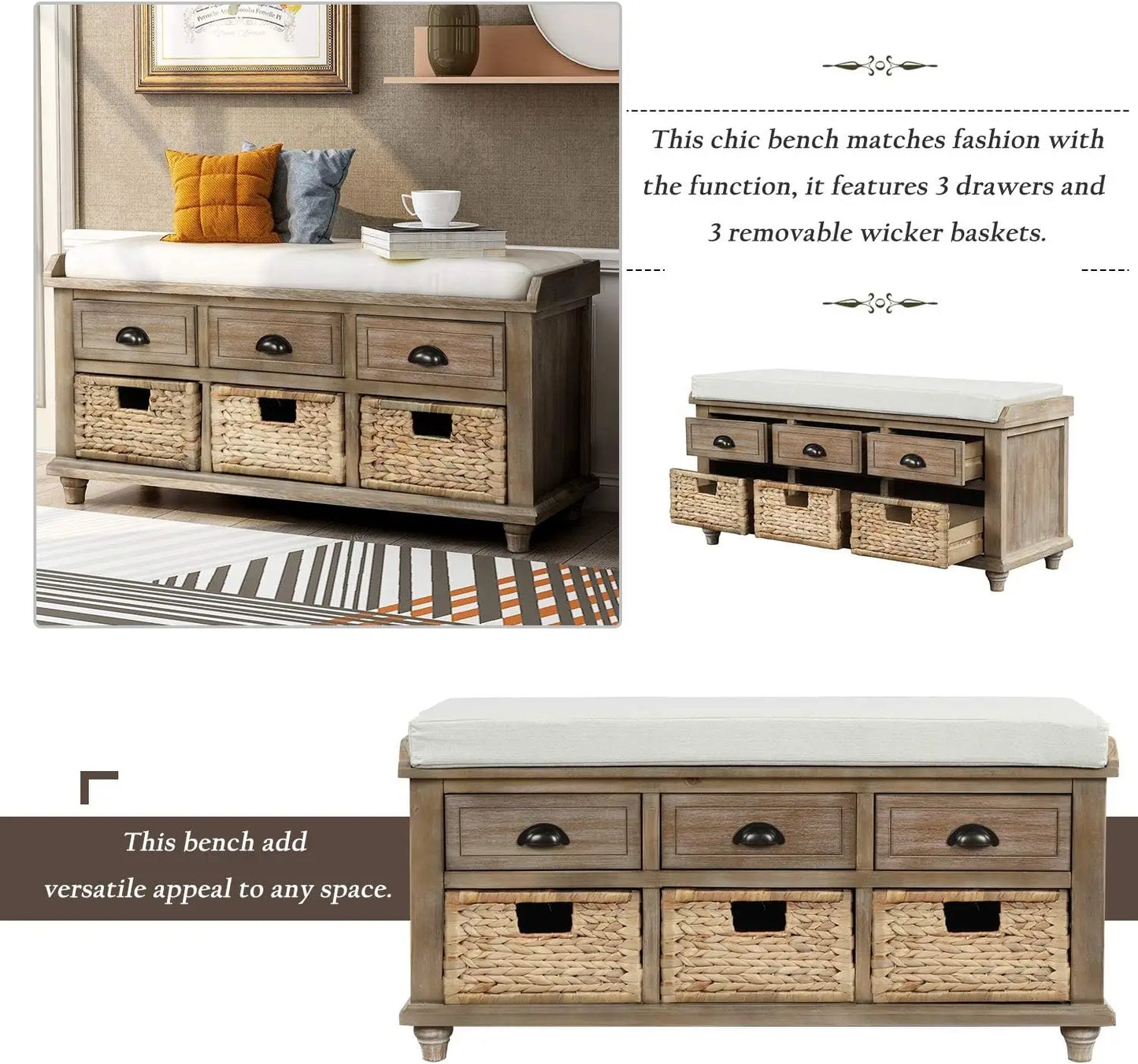 Wood Storage Bench With 3 Drawers And 3 Rattan Baskets, Rattan Entryway Bench With Removable Cushion White Washed