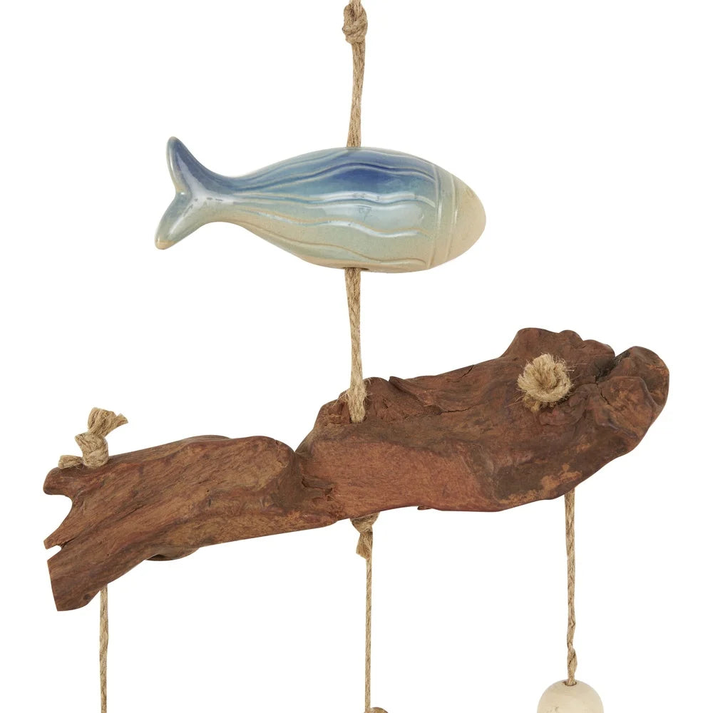 40 Inch Brown Ceramic Fish Wind Chime with Driftwood and Wooden Beads Indoor Outdoor Decor Coastal Home Accent