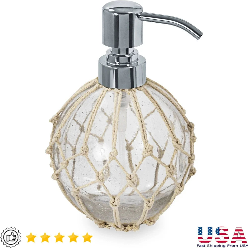 Nautical Glass Lotion Pump Bathroom Dispenser with Rope Accent and Chrome Top for Hand Soap and Lotion Home Decor