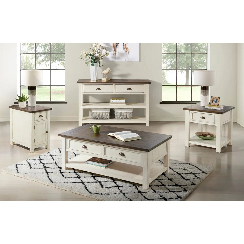 Coastal Farmhouse Style End Table Solid Pine Wood Storage Drawer Shelf Indoor Furniture Cream White Brown Finish