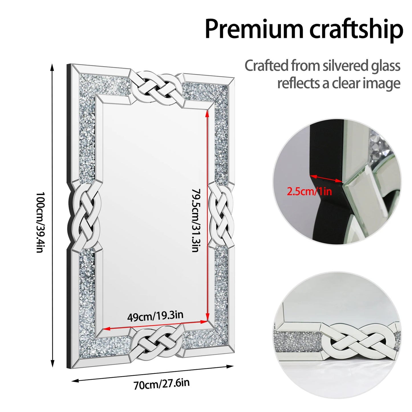 Large Crystal Diamond Vanity Mirror Wall Hang 90 100 120cm for Bedroom