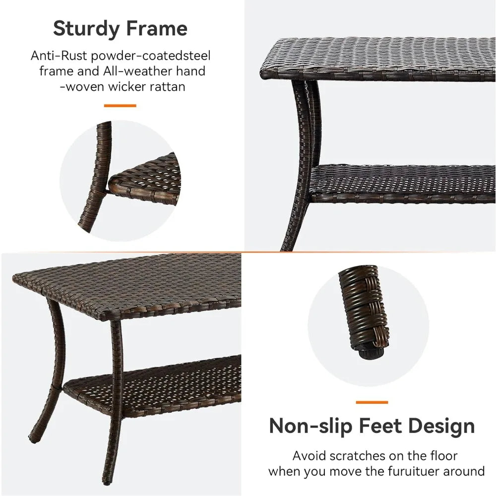 Outdoor Rattan Coffee Table With 2 Layer Storage For Garden Porch Backyard