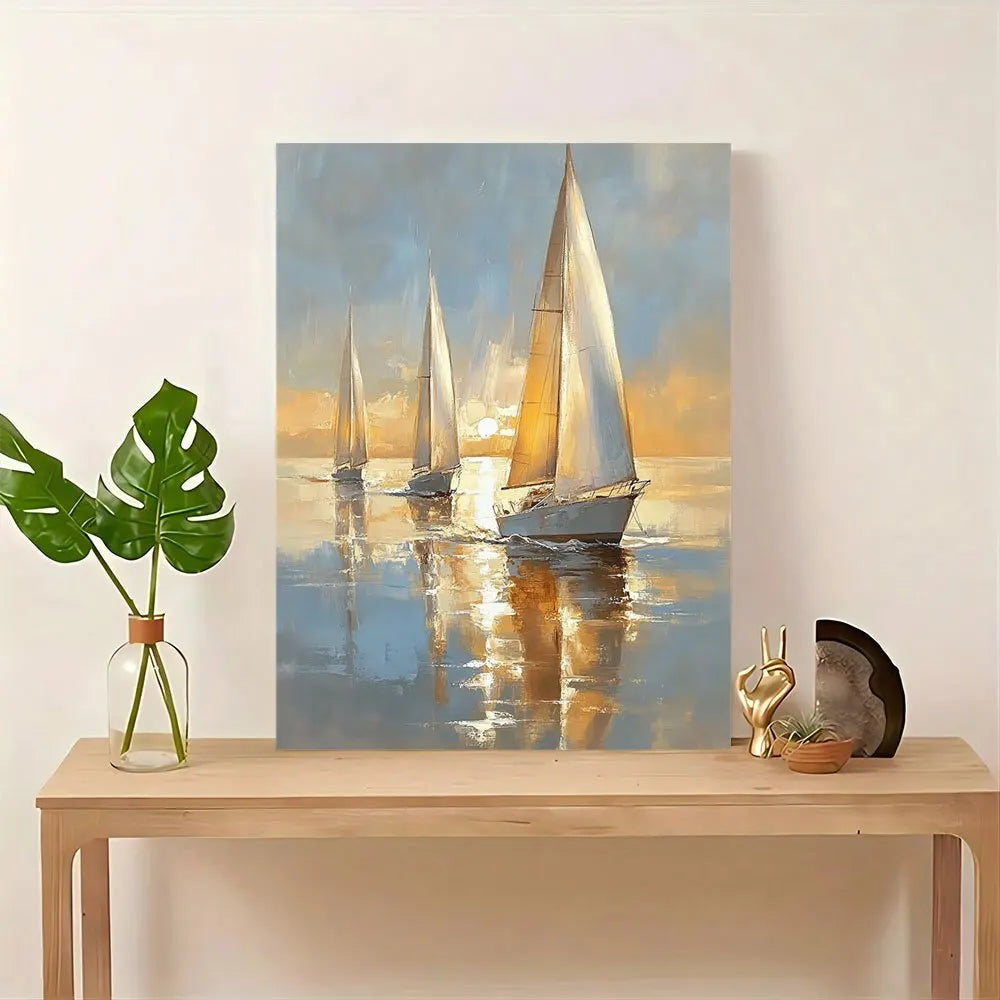 Pastel Sailing Boat Canvas Art Framed In Wood Home Decor