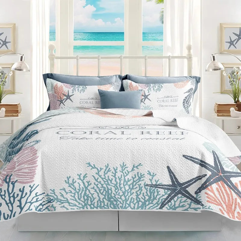 Queen Size Nautical Beach Comforter Set with 2 Shams Coastal Coverlet Ocean Bedspread Summer Bedding 90 by 96 Inches