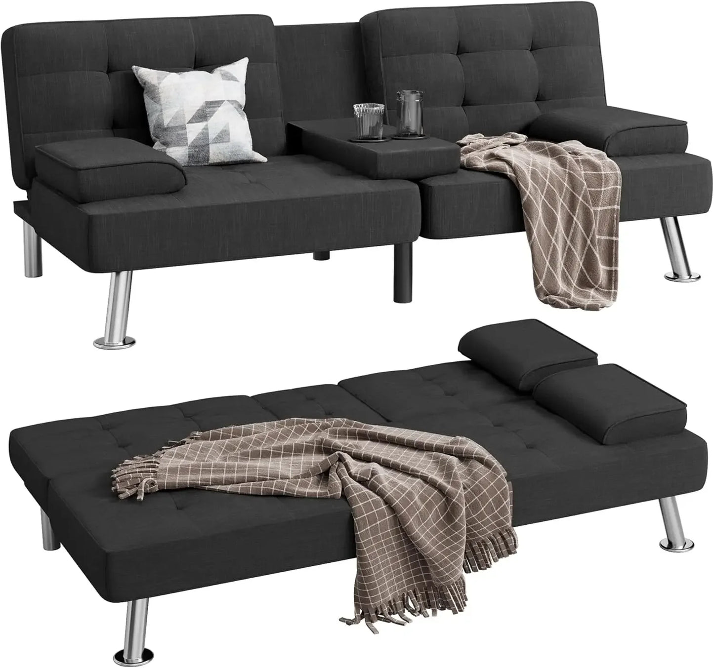 Modern Linen Upholstered Convertible Folding Futon Sofa Bed with Removable Armrests and Metal Legs for Living Room