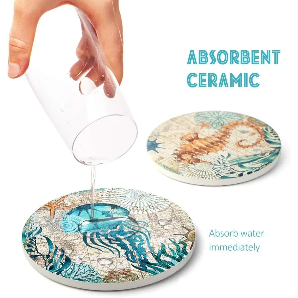 Absorbing Stone Coasters Ocean Life Ceramic Set Of 8 With Cork Base Holder
