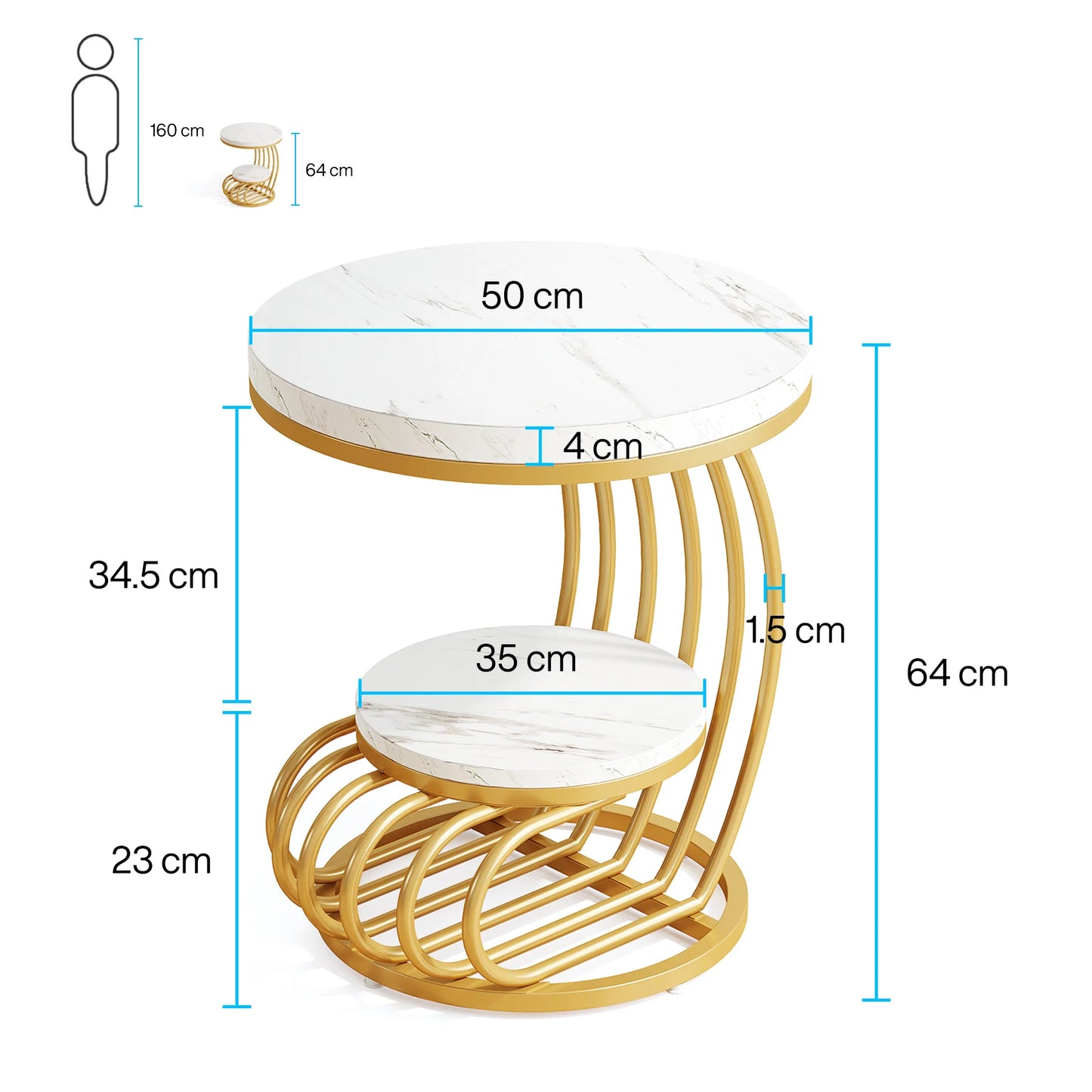 Tribesigns Gold Round End Table 2 Tiers Faux Marble Storage