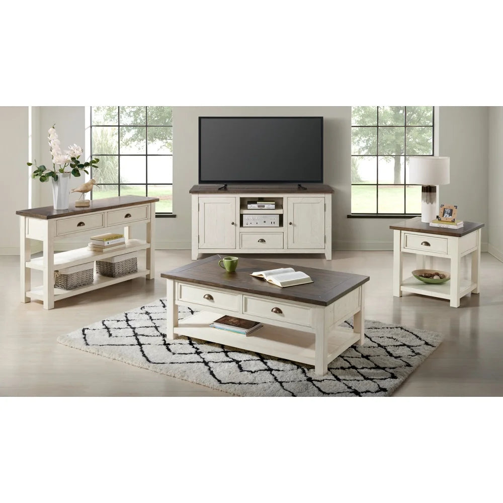 Coastal Farmhouse Style End Table Solid Pine Wood Storage Drawer Shelf Indoor Furniture Cream White Brown Finish