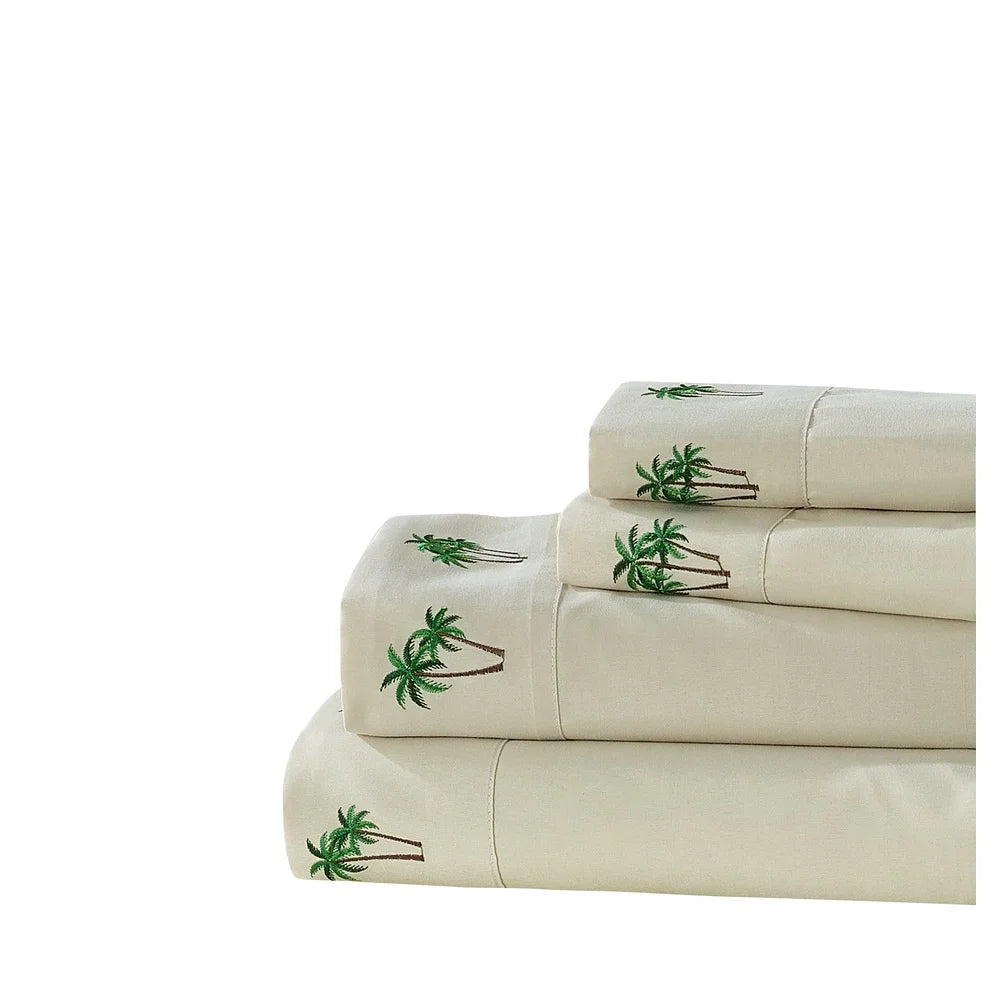 Embroidered Palm Tree Grove King Sheet Set Hypoallergenic Lightweight 4 Piece Polyester Bedding Fitted Flat Pillowcase