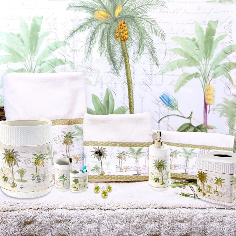 Hand Painted Ceramic Palm Tumbler Bathroom Accessory Coastal Theme Home Decor Tropical Palm Bathroom Essentials
