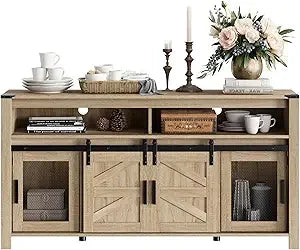 Farmhouse Buffet Cabinet Rustic Sideboard Sliding Barn Doors Mesh Doors 59 Inch Coffee Bar Storage Cabinet For Kitchen