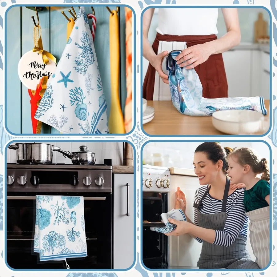 Set Of 6 Beach Kitchen Towels Ocean Nautical Starfish