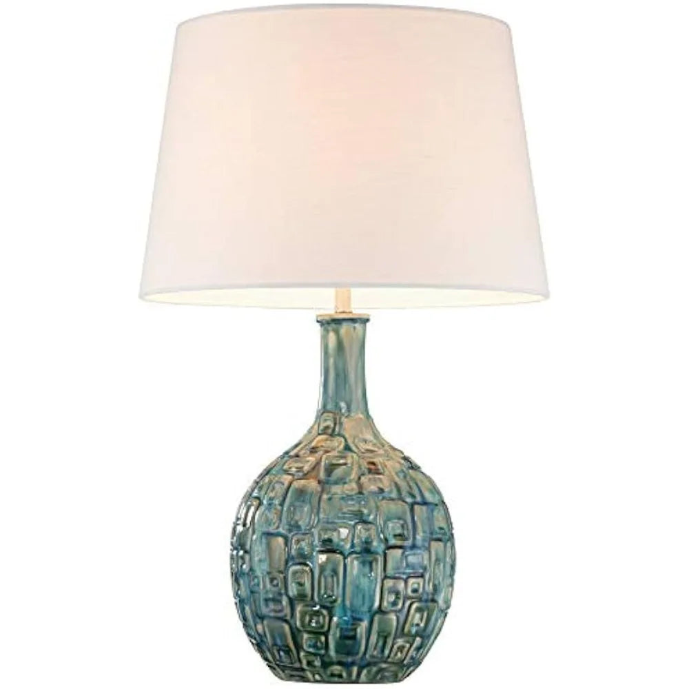 Teal Ceramic Gourd Table Lamps Set of 2 26 Inch Mid Century