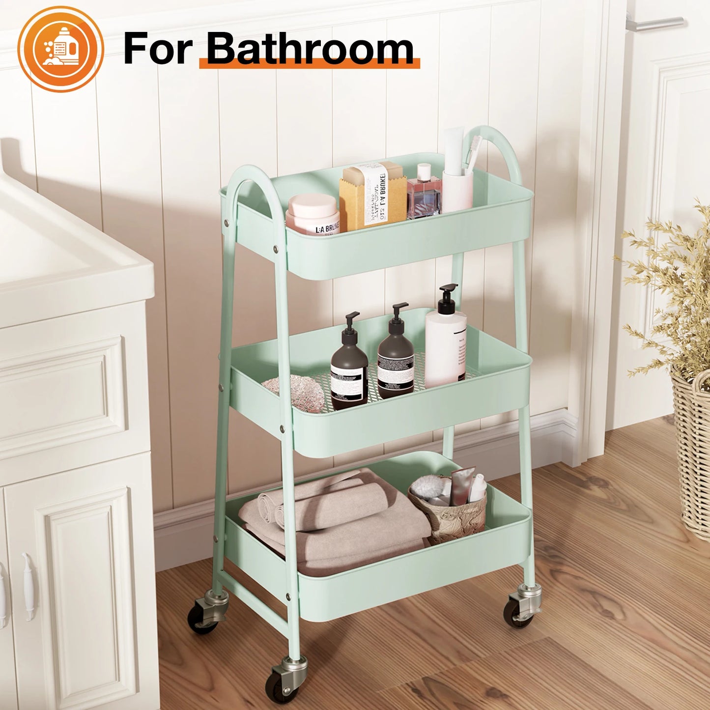 3 Tier Rolling Cart Metal Utility Storage Organizer Kitchen
