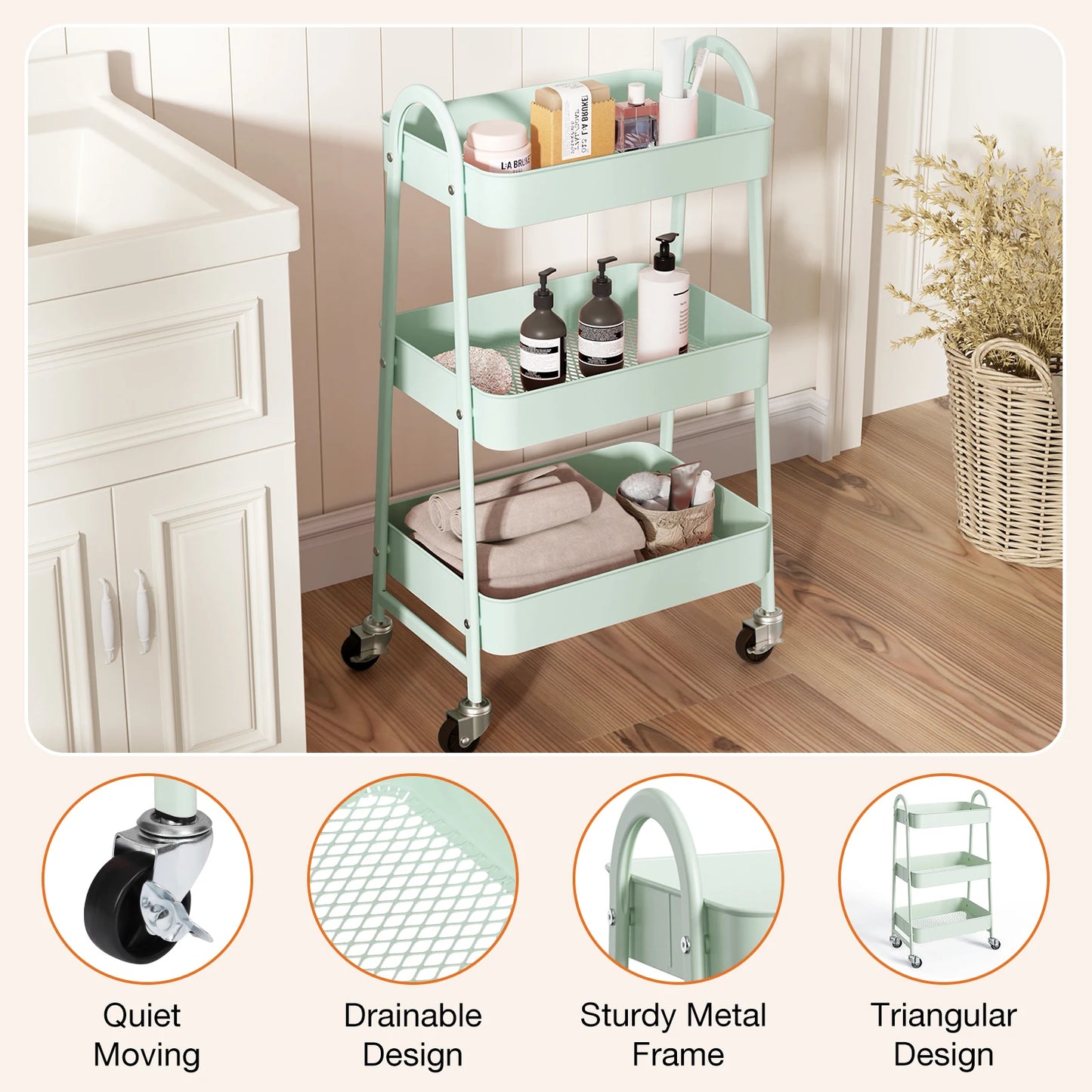 3 Tier Rolling Cart Metal Utility Storage Organizer Kitchen
