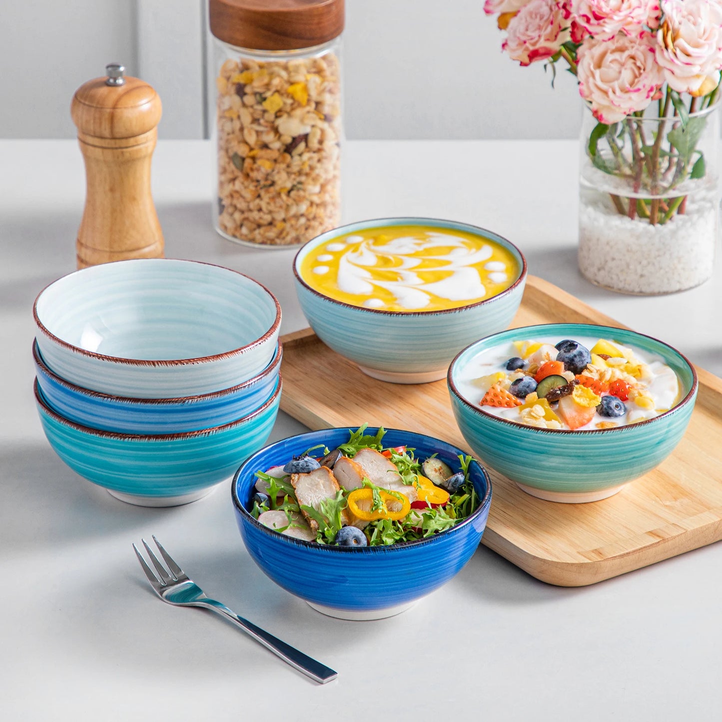 Vancasso Bonita 6 Piece Porcelain Hand Painted Ceramic Serving Bowl Set 380Ml 820Ml Soup Mixing Noodle Fruit Ramen