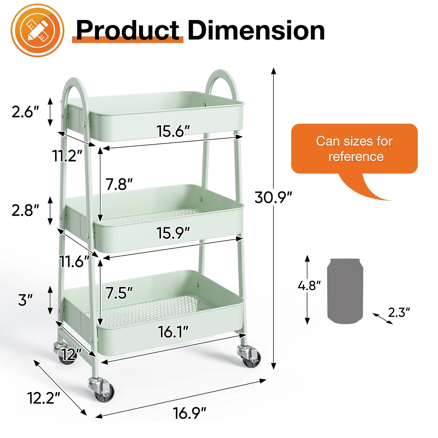 3 Tier Rolling Cart Metal Utility Storage Organizer Kitchen
